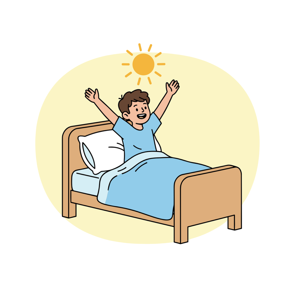 illustration d'un garçon qui se réveil dans son lit