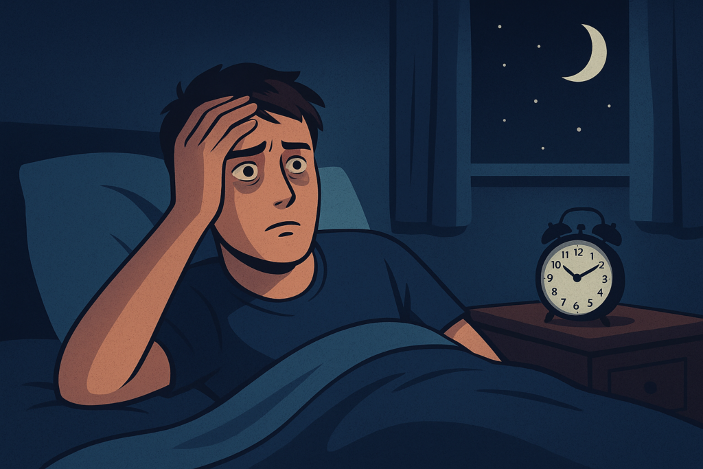 un homme se tenant le front car il narrive pas à dormir derriere lui on voit une horloge ainsi qu'une fenetre laissant appercevoir un ciel étoilé puis la lune