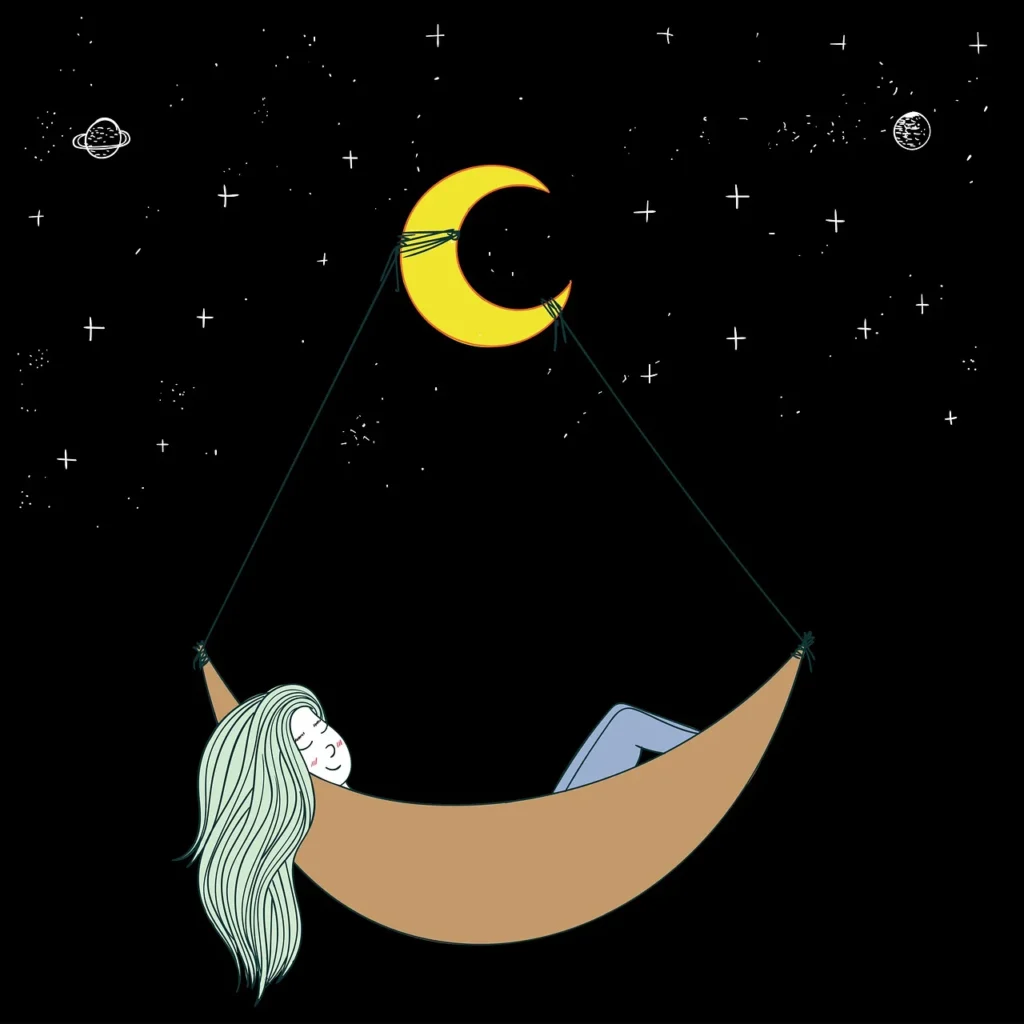 une femme qui dort dans un hamac accrocher a la lune sur un fond de ciel étoilé