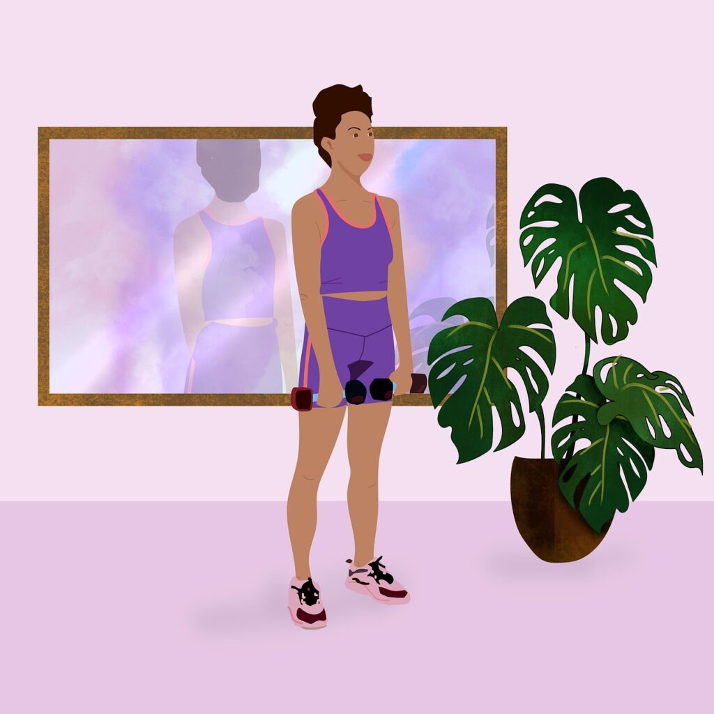 une femme qui fait de lexesice face a un miroir